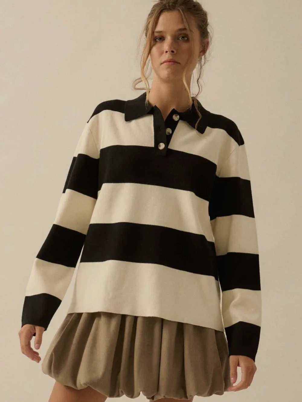 Promesa Black and Cream Striped Polo Sweater